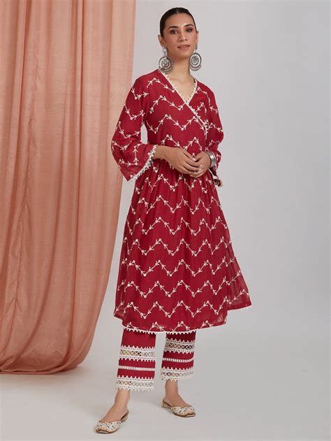 Buy Red Mirror Work Cotton Mulmul Kurta with Pants- Set of 2 ...