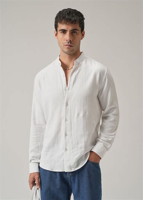 White Plain Mandarin Collar Cotton Shirt