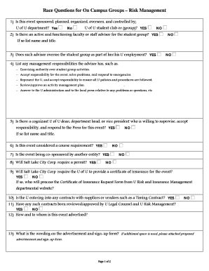 Fillable Online registrar utah Race Questions for On Campus Groups Risk ...