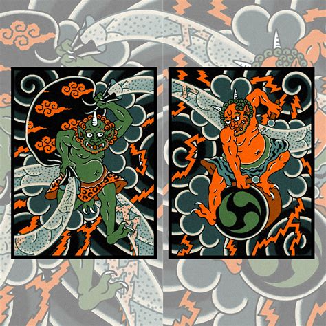 Raijin Fujin Diptych - Mythic God Enamel-Quality Art Prints - Mindzai ...