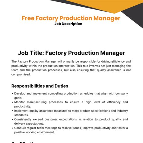 Free Factory Production Manager Job Description Template to Edit Online