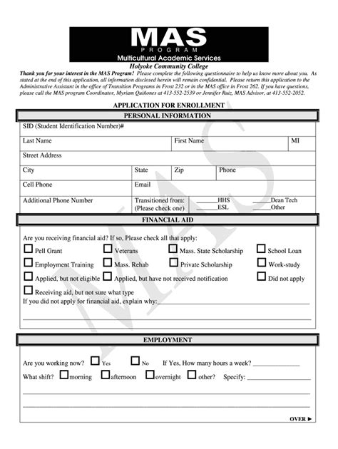 Holyoke Community College Application for Enrollment Form - Fill Online ...