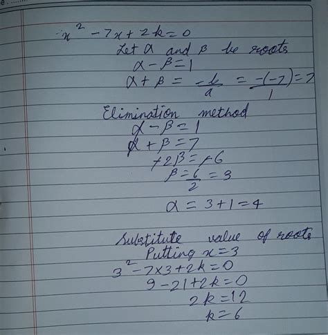 If difference of roots of equation (x^2)-7x+2k=0, is 1 then find k ...