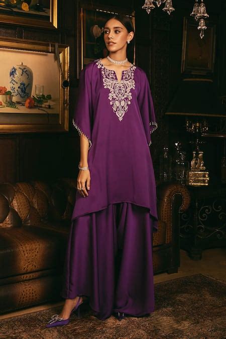 Buy Purple Satin Crystals, Pearls, Lumina Floral Embroidered Kaftan ...