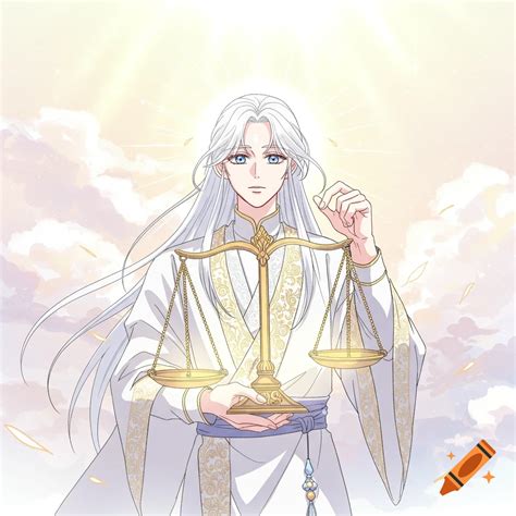 Manga drawing of a deity with long white hair holding golden scales in ...