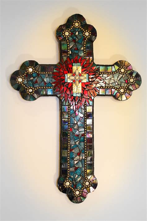 Mosaic Christian Cross. Stained glass, approx 18" x 10". 2011 by Barb ...