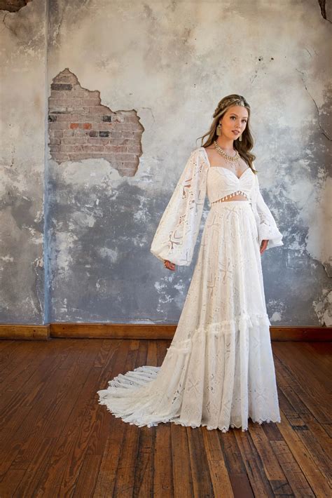Casual Two-Piece Boho Wedding Dress with Long Sleeves