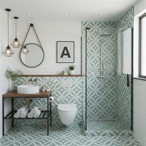 Scandinavian bathroom with mint green geometric patterned tiles and ...