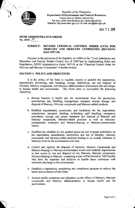 Revised Chemical Control Order (CCO) FOR Mercury AND Mercury Compounds ( Revising DAO 1997-38 ...