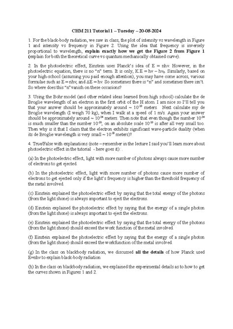 Chm 211 tutorial 1 2024 - CHM 211 Tutorial 1 – Tuesday – 20-08- For the ...