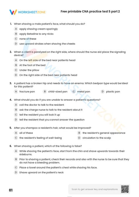 Free Printable CNA Practice Test 5 Part 2 Worksheet