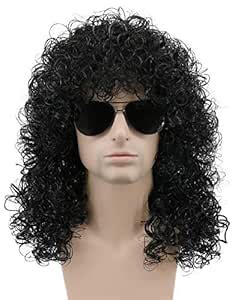Karlery 70s 80s Rocker Mullet Wig Mens Long Curly Black Wig Halloween ...