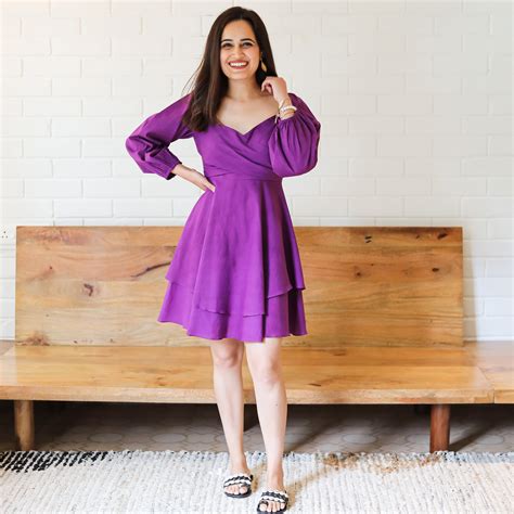 Sunset Purple Balloon Sleeves Cotton Short Frill Dress For Women ...