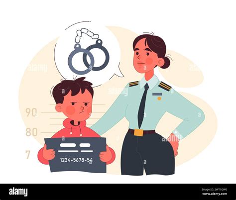 Juvenile, underage crime. Female police officer arrest a boy. Criminal behavior of a neglected ...