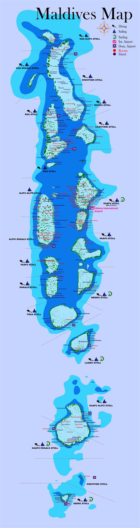 Map of the Maldives with Atoll Names, Islands, Resorts, and Airports