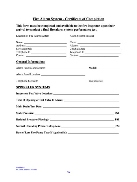 1998-2026 Form Fire Alarm System Certificate of Completion - Blank ...