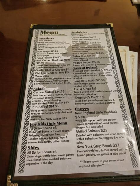 Menu at Gaelic-American Club Inc, Fairfield