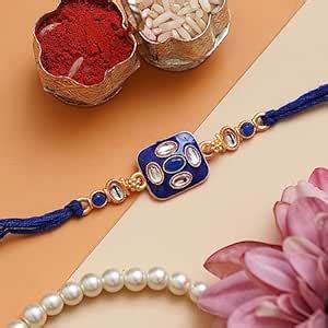 eCraftIndia Blue and Golden Diamonds Designer Rakhi with Roli Chawal ...
