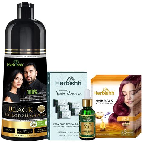 Buy Herbishh Hair Color Shampoo Black 200ml + Argan Hair Mask 25ml x 5 ...