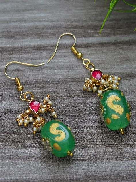 Gold Toned Green Handcrafted Brass Earrings