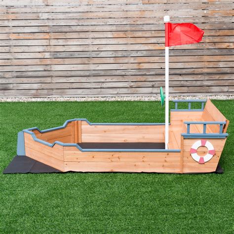 Pirate Boat Wood Sandbox for Kids W/ Bench Seat and Flag Pirate Sandbox Toys