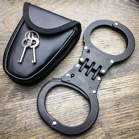 Professional Double Lock Black Steel Hinged Police Handcuffs w/ Keys ...