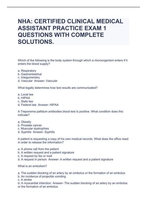 NHA: CERTIFIED CLINICAL MEDICAL ASSISTANT PRACTICE EXAM 1 QUESTIONS ...