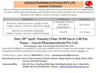 Walk in for Gnosis pharmaceutical Kala and on 28th April 2019