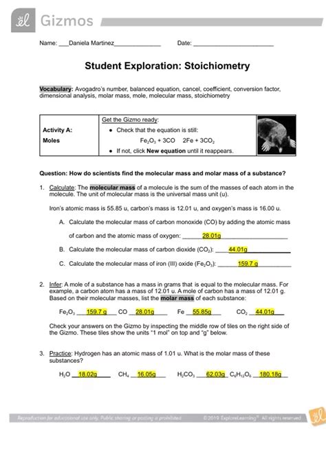 Gizmos Student Exploration: Stoichiometry Questions with Correct ...