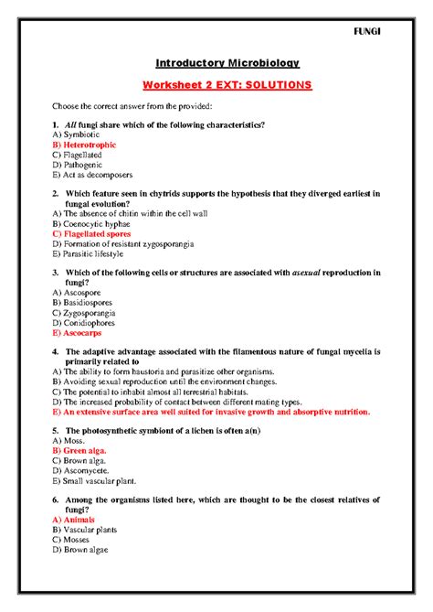 Bimi FUNGI Introductory Microbiology Worksheet 2 EXT: Solutions - Studocu