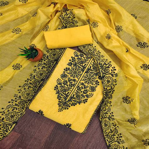 Yellow Floral Embroidered Chanderi Dress Material