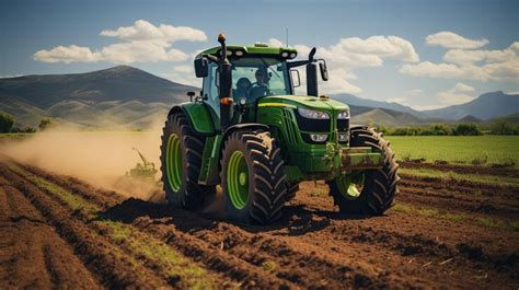 Aerial view of a tractor fertilizing a cultivated agricultural field ...