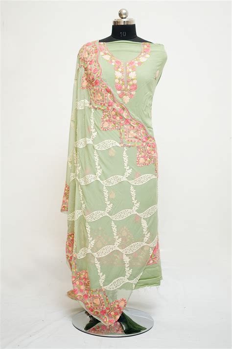 Pista green aari work salwar kameez with neckline pattern