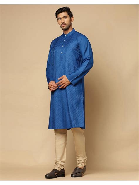 Buy Fabindia Blue Viscose Silk Pintucks Slim Fit Long Kurta Online
