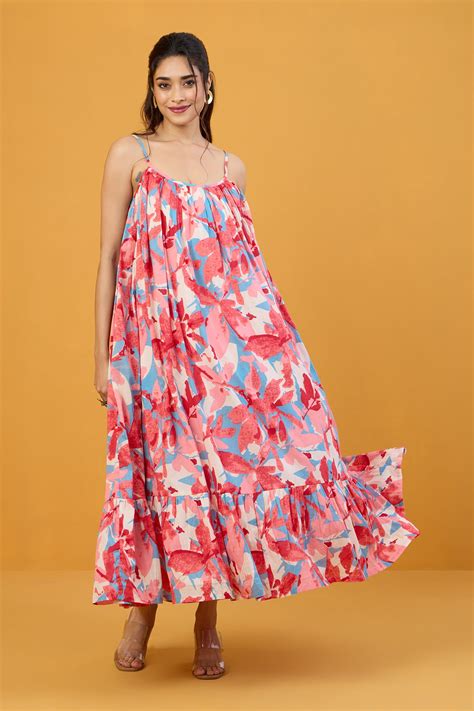 Blush Blue Pastel Roses Long Ruffle Strap Dress - maati crafts