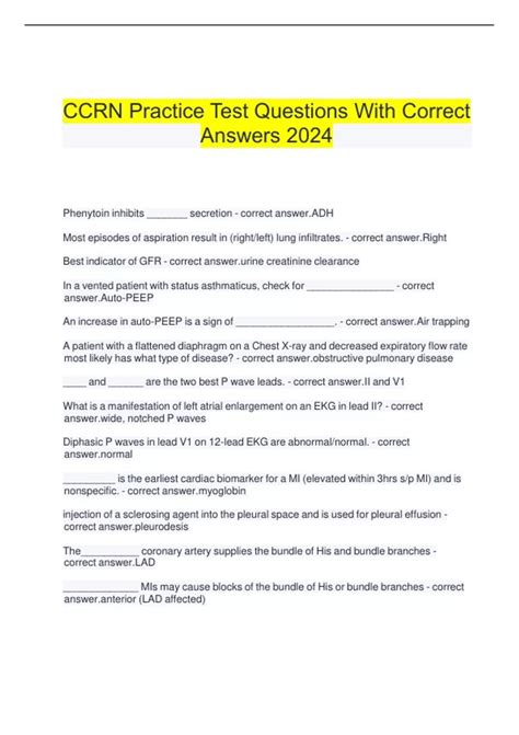 CCRN Practice Test Questions With Correct Answers 2024 - CCRN - Stuvia US