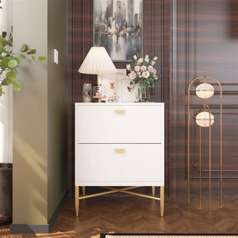 Boyel Living Nightstand with 2 Drawers, Modern X-shaped Leg Night Stand Ripple-Like Surface Wood ...