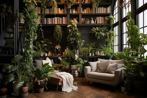 Interior design of modern living room with plants, sofa, bookshelf and window, Interior design ...