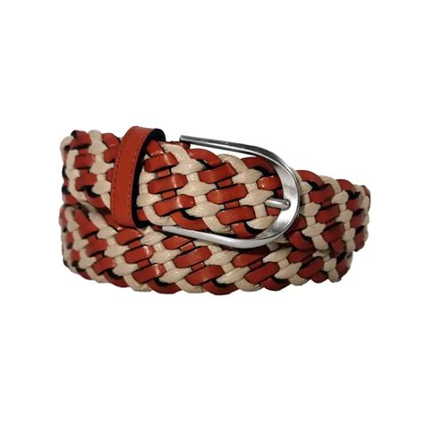 Buy Mens Woven Belt Cognac White Leather - LeatherBeltsOnline.com