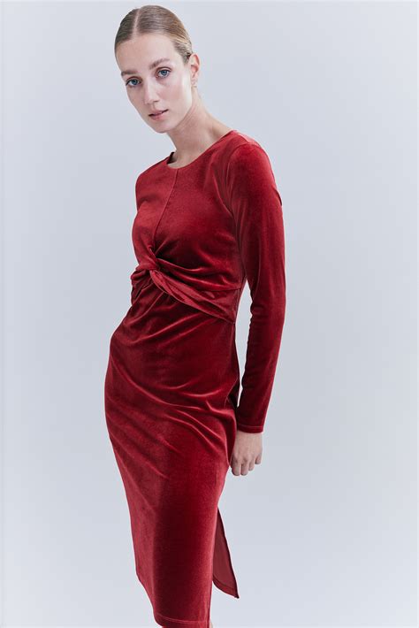 MAMA Velour nursing dress - Round neck - Long sleeve - Dark red ...