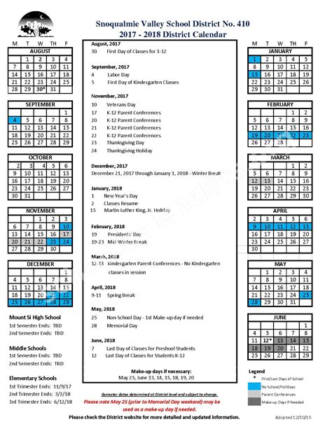 Snoqualmie Valley School District Calendars – Snoqualmie, WA