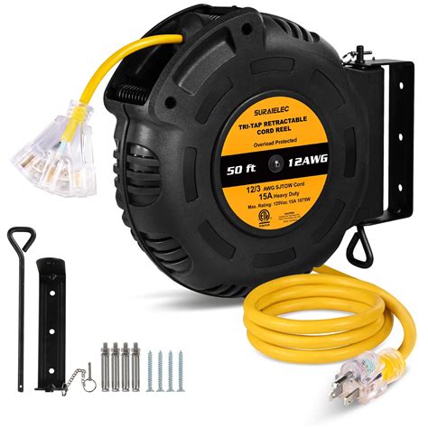 SURAIELEC 12 Gauge Retractable Extension Cord Reel, 50 FT 12 AWG/3C ...