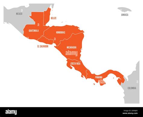 Map of Central America region with red highlighted central american states. Country name labels ...