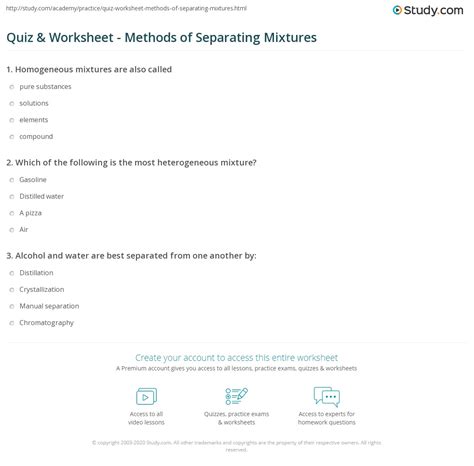 Quiz & Worksheet - Methods of Separating Mixtures | Study.com
