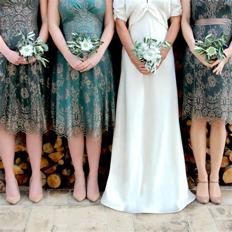 Bespoke Lace Bridesmaid Dresses In Green And Gold By Nancy Mac