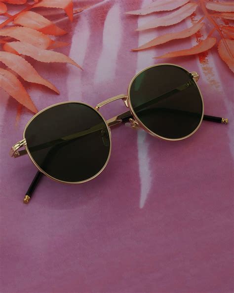 Gold Toned with Green UV Protected Lens Round Sunglass for unisex ...