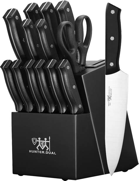 Knife Set, HUNTER.DUAL 15 Piece Kitchen Knife Set with Block and Built ...