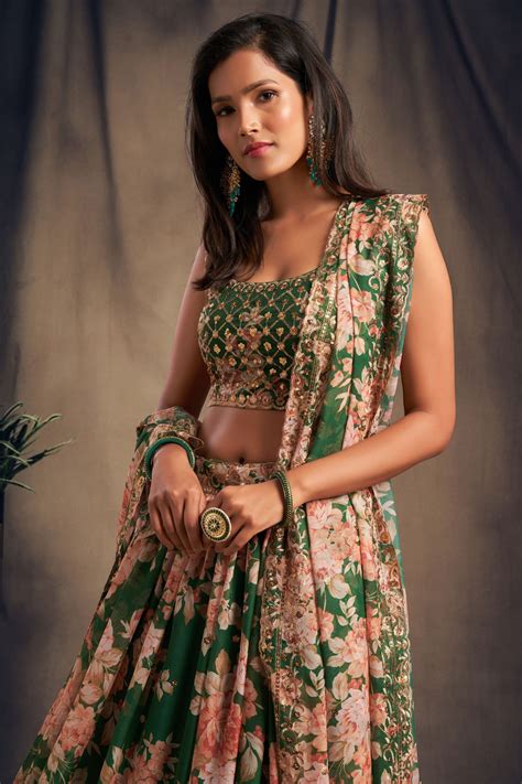 Emerald Green Floral Lehenga Choli with Zari & Sequin Embroidery ...