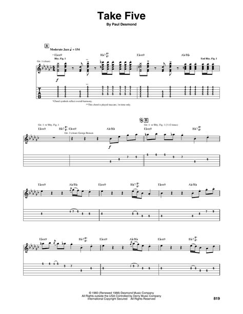 Take Five by Dave Brubeck Sheet Music for Guitar Tab at Sheet Music Direct