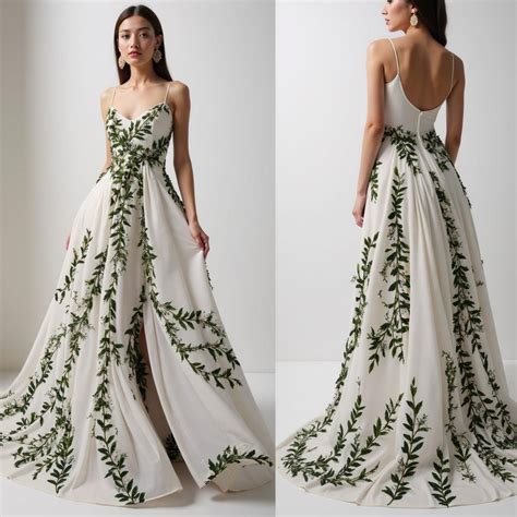 Greenery Leaf Forest Embroidery Non-traditional Wedding Dress Unique Sleeveless Forest… in 2025 ...